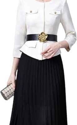 Women Long Sleeve Lace-Up Pleated Crewneck Patchwork Party Dress