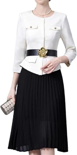 Women Long Sleeve Lace-Up Pleated Crewneck Patchwork Party Dress