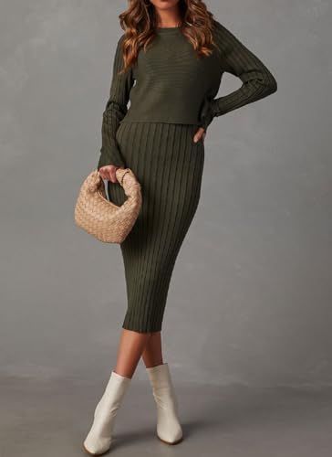 Women's Long Sleeve Sweater Dresses 2 Piece Outfits Sets Ribbed Knit Crop Tops and Tank Bodycon Midi Dress
