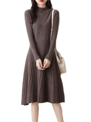 Womens Fashion Half High Collar Pure Wool Slim Fit Solid Color Bottom Fashion A Line Knitted Dress