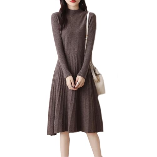 Womens Fashion Half High Collar Pure Wool Slim Fit Solid Color Bottom Fashion A Line Knitted Dress