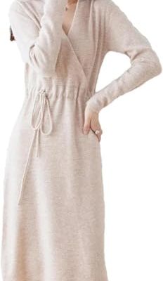 Women's Wool Knit Dress Warm V Neck Long Sleeve Casual Sweater Dress for Fall Winter
