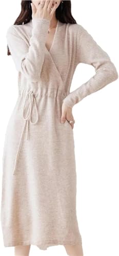 Women's Wool Knit Dress Warm V Neck Long Sleeve Casual Sweater Dress for Fall Winter