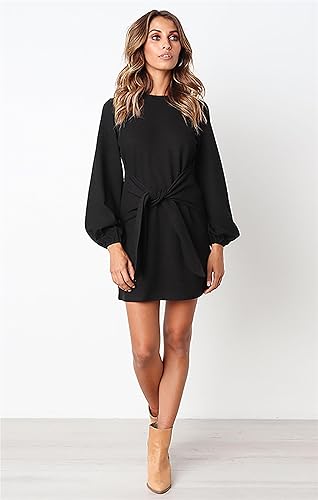 Womens Fall Elegant Long Lantern Sleeve Short Dress Wedding Guest Crewneck Tie Waist Knit Cocktail Dresses