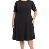 Women's Knit Eyelet Short Sleeve Crepe Inset Waist Midi with Button Detail