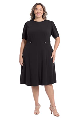 Women's Knit Eyelet Short Sleeve Crepe Inset Waist Midi with Button Detail