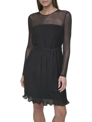 Women's Long Sleeve Jewel Neck Mini Ruffle Hem Dress with Removable Belt
