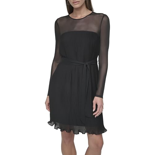 Women's Long Sleeve Jewel Neck Mini Ruffle Hem Dress with Removable Belt