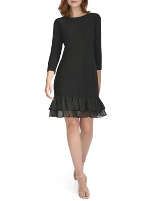 Womens 3/4 Sleeve Jersey/Chiffon Mix Ruffle Hem Dress