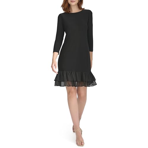 Womens 3/4 Sleeve Jersey/Chiffon Mix Ruffle Hem Dress