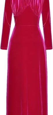 Women Long Sleeve Fitted Dress High Waist Velour Bodycon Dress Warm Package Hip Dress for Casual Street Style(Rose Red,XX-L)