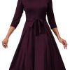 Women's Caual Midi Dress 3/4 Sleeve Crewneck A-line Swing Dress for Women with Belt for Wedding Guest & Cocktail Party