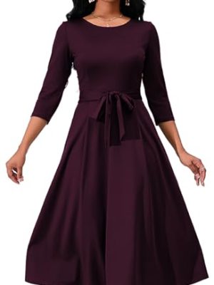 Women's Caual Midi Dress 3/4 Sleeve Crewneck A-line Swing Dress for Women with Belt for Wedding Guest & Cocktail Party
