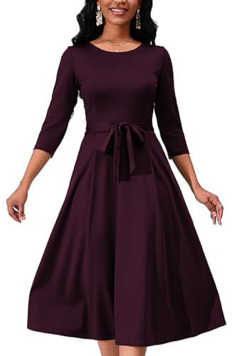 Women's Caual Midi Dress 3/4 Sleeve Crewneck A-line Swing Dress for Women with Belt for Wedding Guest & Cocktail Party