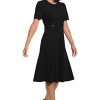 Women's Knit Eyelet Short Sleeve Crepe Inset Waist Midi with Button Detail