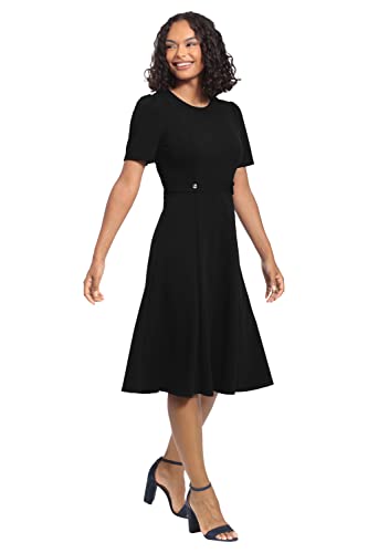 Women's Knit Eyelet Short Sleeve Crepe Inset Waist Midi with Button Detail