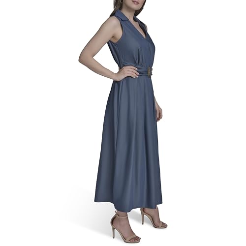 Womens Sleeveless Collared V-Neck Faux Denim Dress