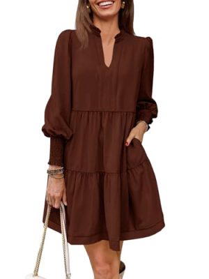 Womens Fall Long Sleeve Tunic Dress Casual V Neck Loose Ruffle Tiered Dress