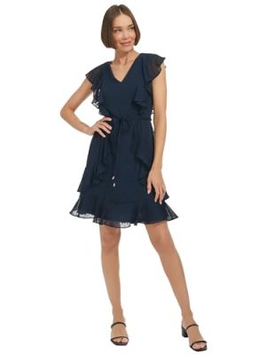 Women's Ruffle Trim Tie Waist Chiffon Mini Dress
