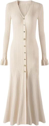Women V-Neck Stretch Knit Long Sleeve Bodycon Dress Ruffled Hem Fishtail Irregular Button Elegant Outfit