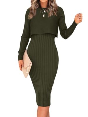 Women's Long Sleeve Sweater Dresses 2 Piece Outfits Sets Ribbed Knit Crop Tops and Tank Bodycon Midi Dress
