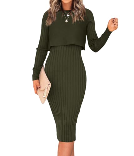 Women's Long Sleeve Sweater Dresses 2 Piece Outfits Sets Ribbed Knit Crop Tops and Tank Bodycon Midi Dress