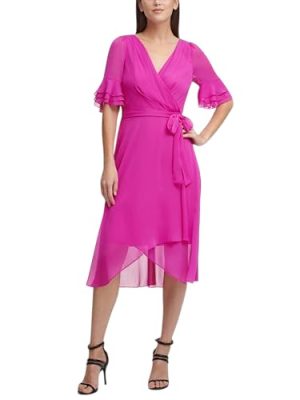 Women's Ruffle Sleeve Surplice Tie Fit & Flare Midi Dress