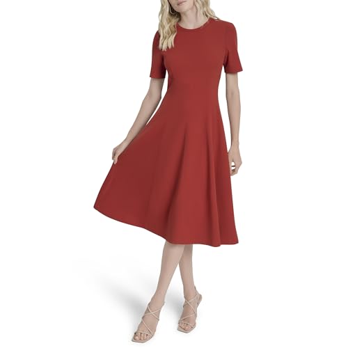 Women's Short Sleeve Jewel Neck Scuba Crepe Flounce Hem Midi Dress