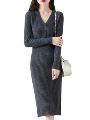 Women's Wool Waist Slimming Over Knee Half Open V-Neck Knitted Casual Dress for Fall Winter