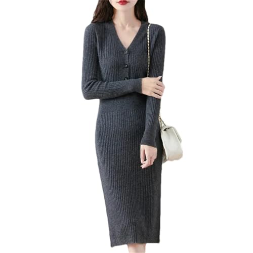Women's Wool Waist Slimming Over Knee Half Open V-Neck Knitted Casual Dress for Fall Winter