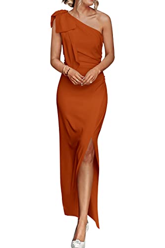 Women's Summer One Shoulder Long Formal Dresses Sleeveless Ruched Bodycon Wedding Guest Slit Maxi Dress