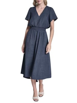 Womens Flutter Sleeve V-Neck Fit & Flare Maxi Dress