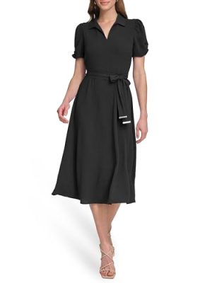 Womens Short Sleeve Tie Fit & Flare Midi Dress