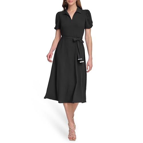 Womens Short Sleeve Tie Fit & Flare Midi Dress