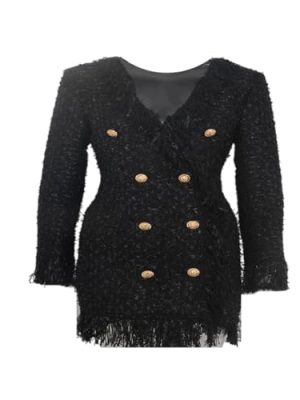 Women's Tassel Shift Dress – V-Neck Metallic Button, Black White Event Gown