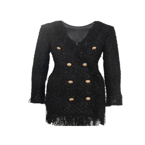Women's Tassel Shift Dress – V-Neck Metallic Button, Black White Event Gown