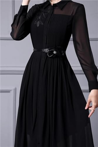 Women Embroidered Lapel Shirt Dress Lace-Up Long Sleeve Midi Dress