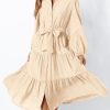Womens Dresses 2025 Fall Long Sleeve Midi Dress Casual V Neck Button Down Tiered Flowy Aline Tie Waist Shirt Dress