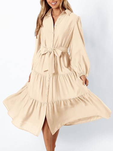Womens Dresses 2025 Fall Long Sleeve Midi Dress Casual V Neck Button Down Tiered Flowy Aline Tie Waist Shirt Dress