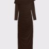 Women Off Shoulder Dress Long Sleeve Bodycon Mesh Ruched High Split Fall Formal Wedding Guest Maxi Dresses