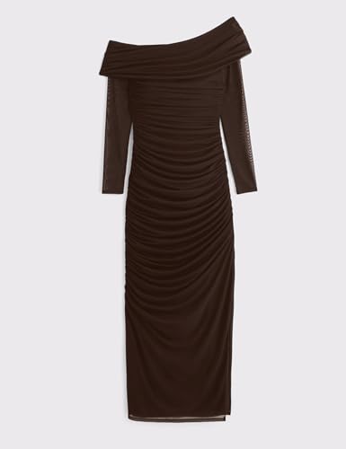 Women Off Shoulder Dress Long Sleeve Bodycon Mesh Ruched High Split Fall Formal Wedding Guest Maxi Dresses