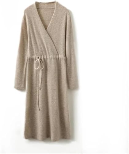 Women's Wool Knit Dress Warm V Neck Long Sleeve Casual Sweater Dress for Fall Winter