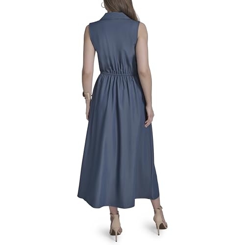 Womens Sleeveless Collared V-Neck Faux Denim Dress