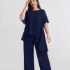 2025 Plus Size Mother of The Bride Pant Suits 2 Piece Chiffon Sets Ruffle Asymmetric Layers Wedding Guest Outfit