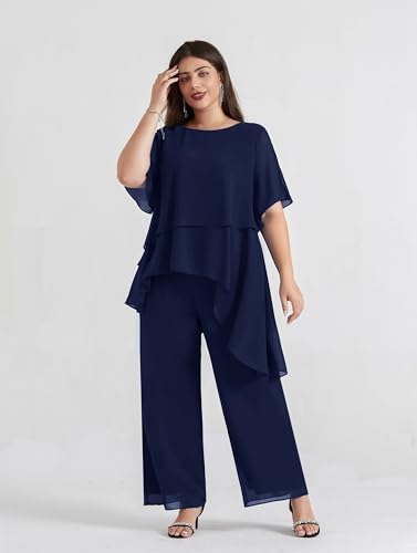 2025 Plus Size Mother of The Bride Pant Suits 2 Piece Chiffon Sets Ruffle Asymmetric Layers Wedding Guest Outfit