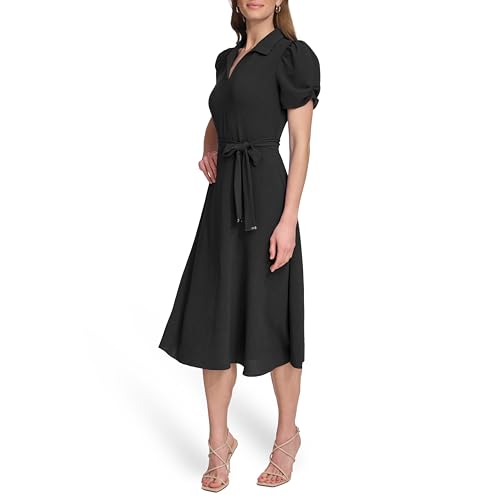 Womens Short Sleeve Tie Fit & Flare Midi Dress