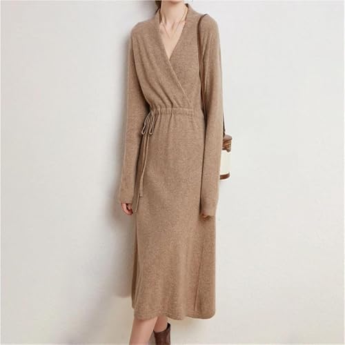 Women V-Neck Cashmere Knit Sweater Dress Long Sleeve Loose Fit Casual Dresses