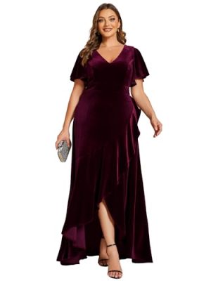 Women's Vintage Plus Size Ruffles Hemline Velvet Wedding Guest Dress 02041-DA