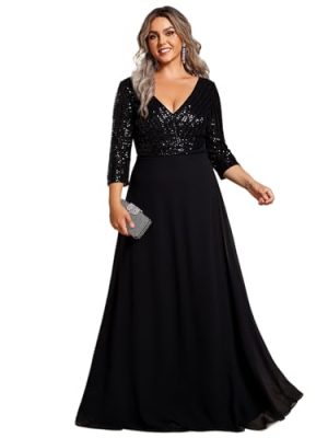 Women's Plus Size V-Neck Sparkle Sequins Chiffon 3/4 Sleevess Formal Dresses 0751-PZ