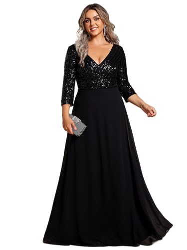Women's Plus Size V-Neck Sparkle Sequins Chiffon 3/4 Sleevess Formal Dresses 0751-PZ